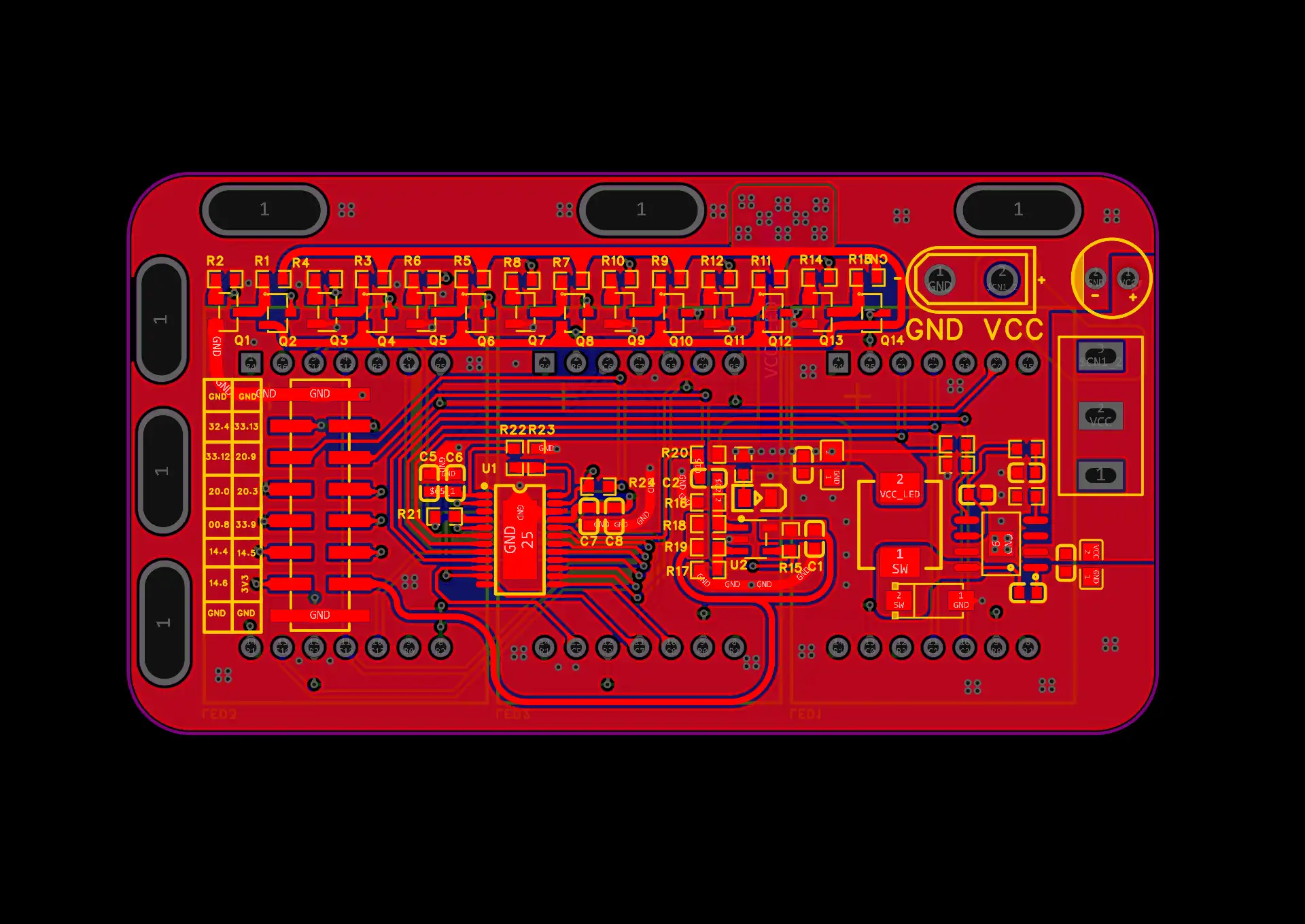 当前审核副本的 PCB 预览;保留板框、器件布局与走线关系。